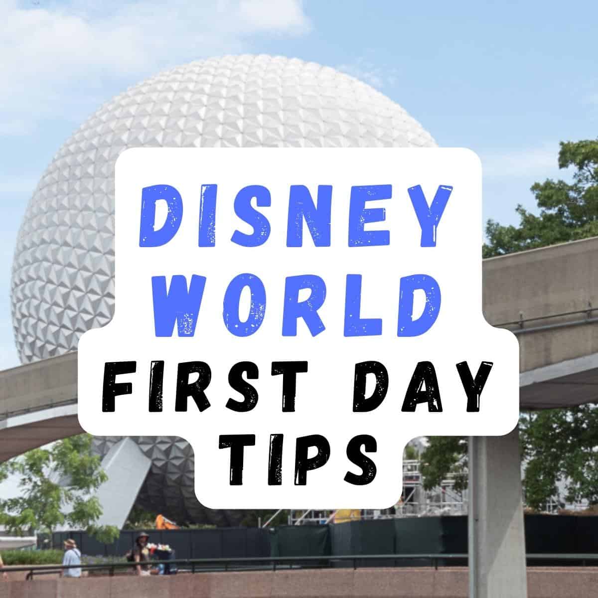 First Day At Disney World text overlay on vacation image