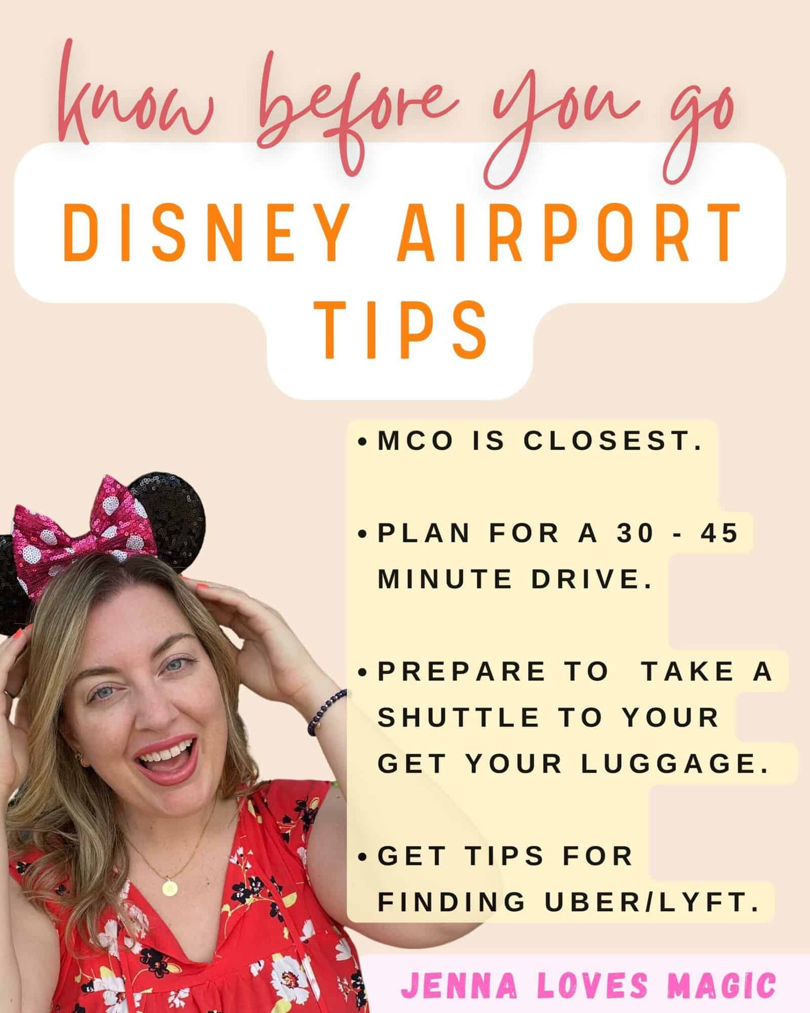 Flying to Disney World Tips for Airport Travel with tourist wearing ears and Jenna Loves Magic logo
