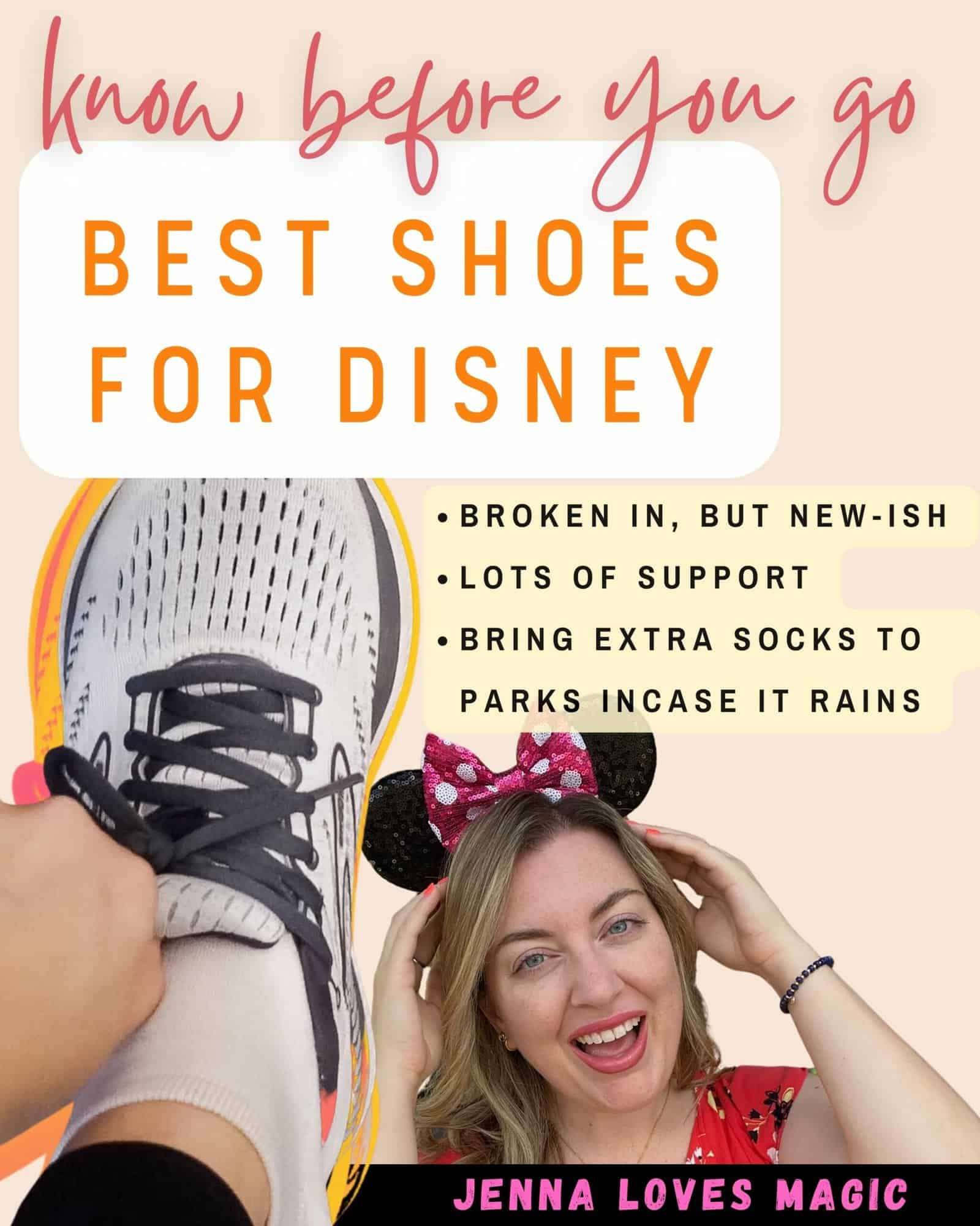 Infographic with Brooks Sneakers and text overlay best shoes for disney world trip with Jenna Loves Magic logo