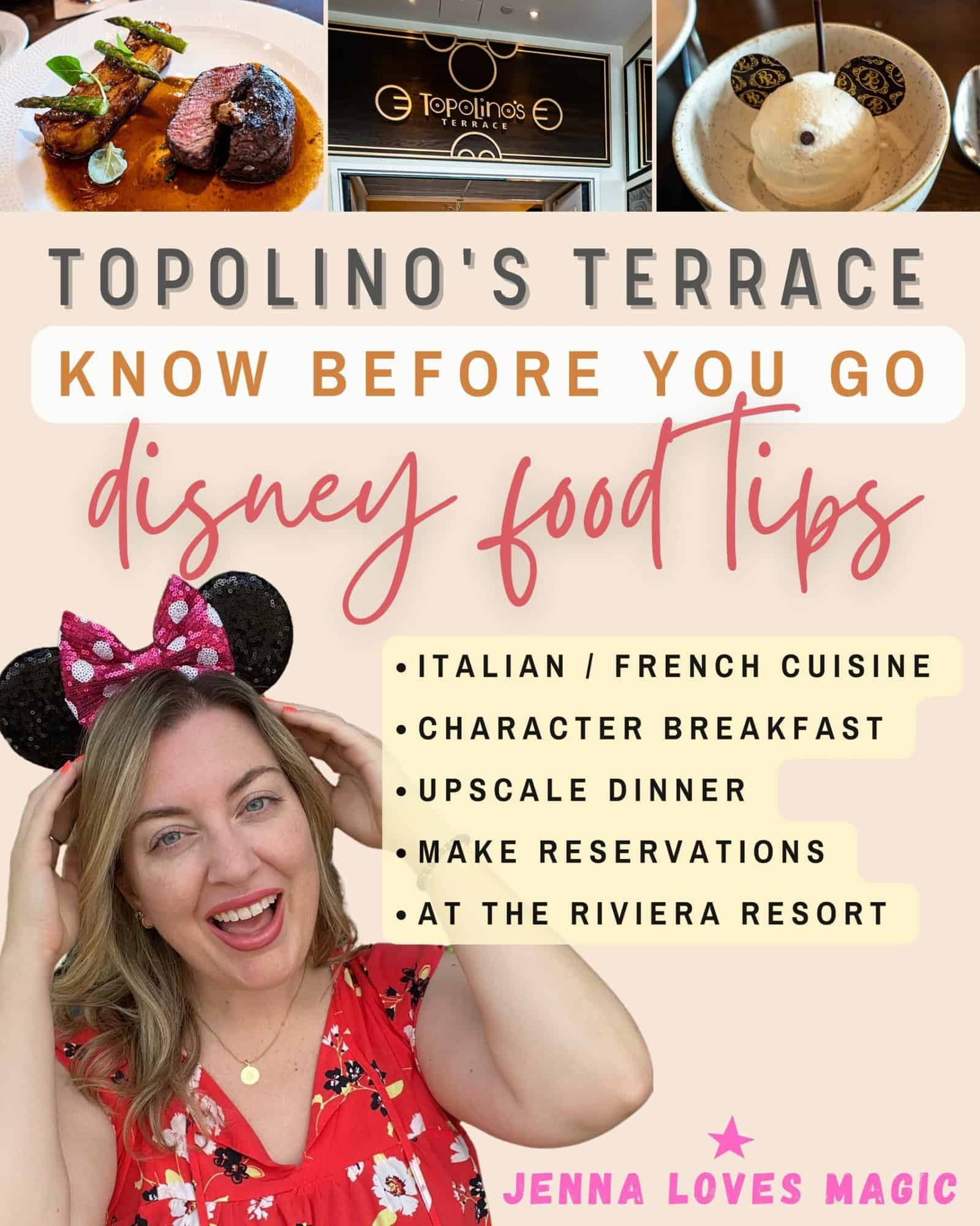 Topolinos Terrace Disney Dining Tips with photos caption and logo from 