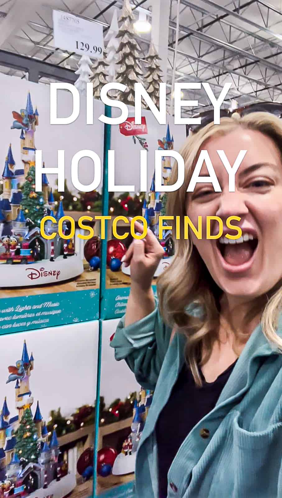 Woman Buying Costco Disney Christmas Decor with a Castle Figurine
