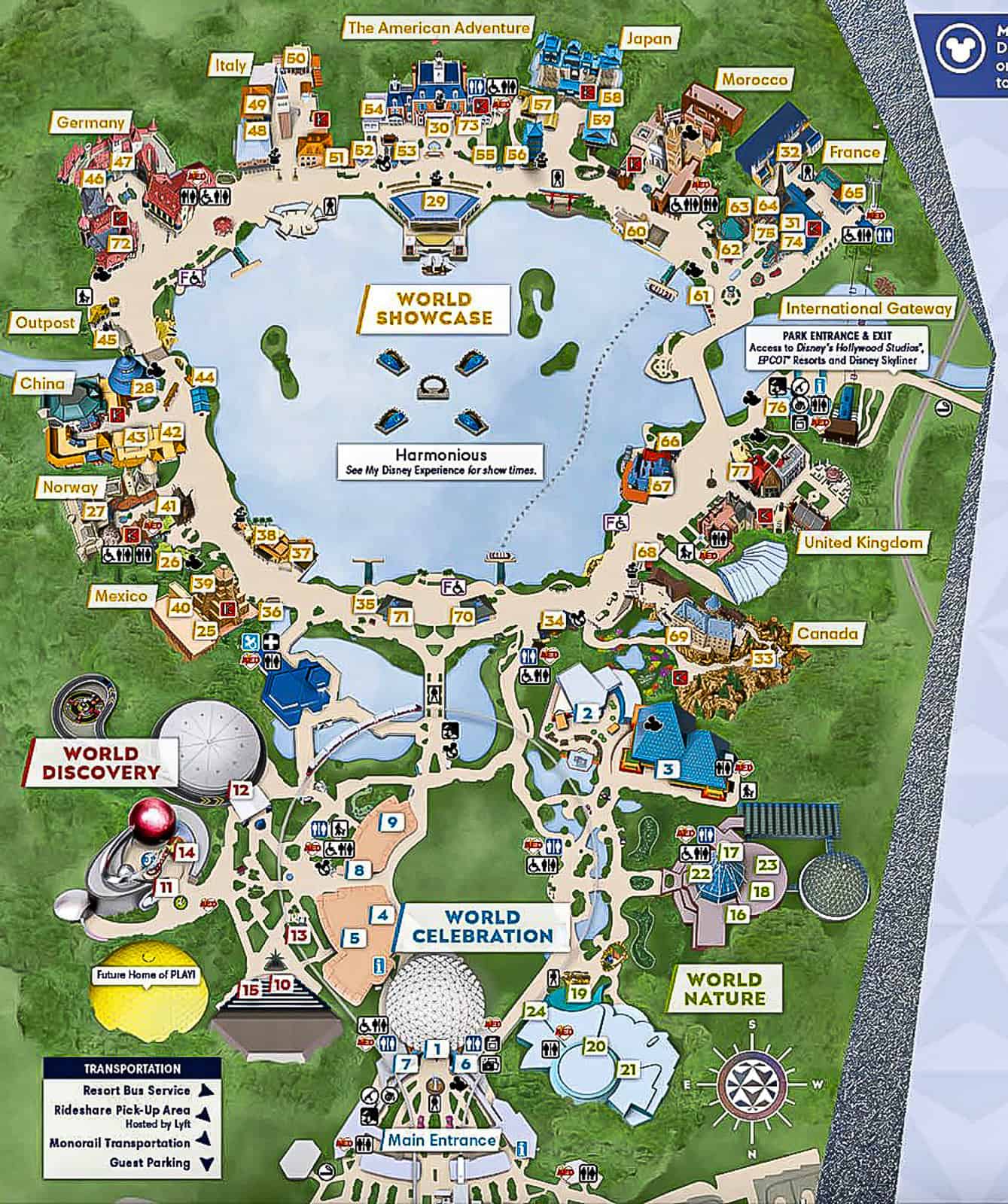 Disney World Epcot Map showing entrances to the park