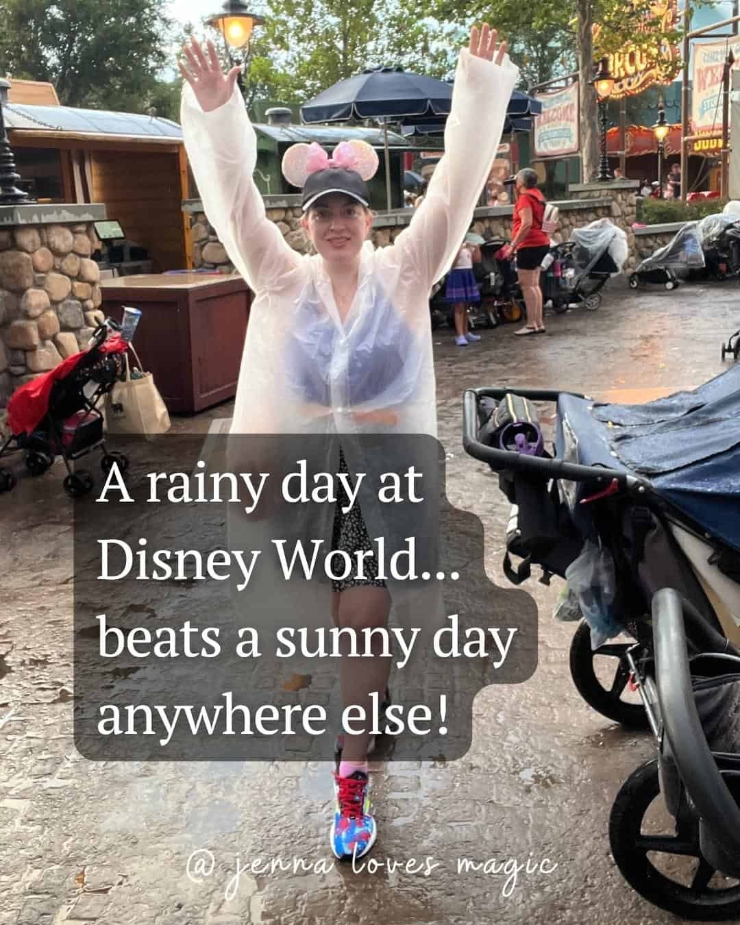 A rainy day at Disney World quote in bad weather with a woman wearing a poncho
