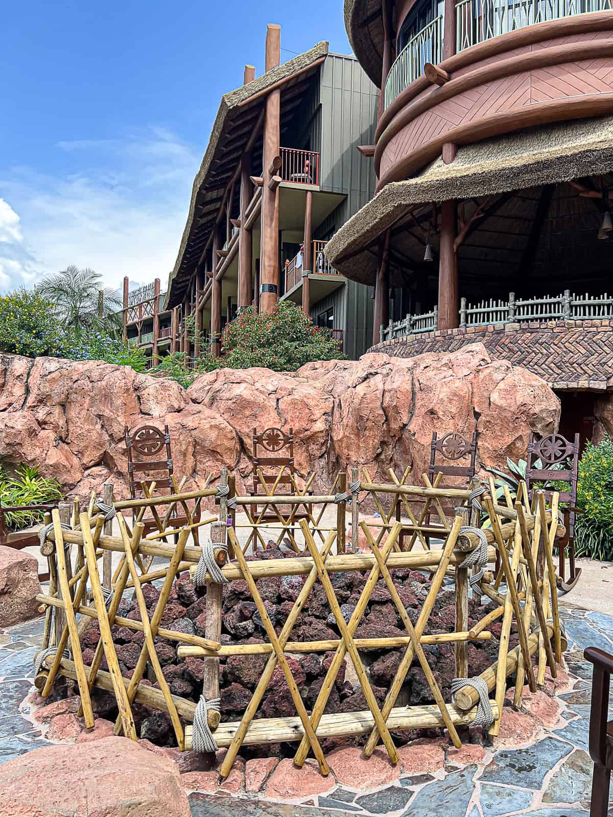 Demonstrating the firepit as a Free thing to do at Animal Kingdom Lodge Resort at Walt Disney World