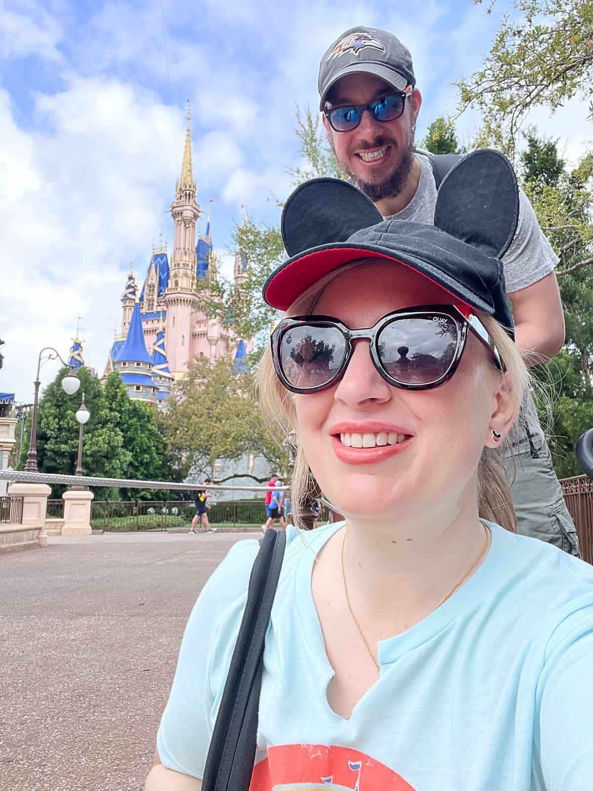 Disney Travel Bloggers at Magic Kingdom near Cinderella's Castle