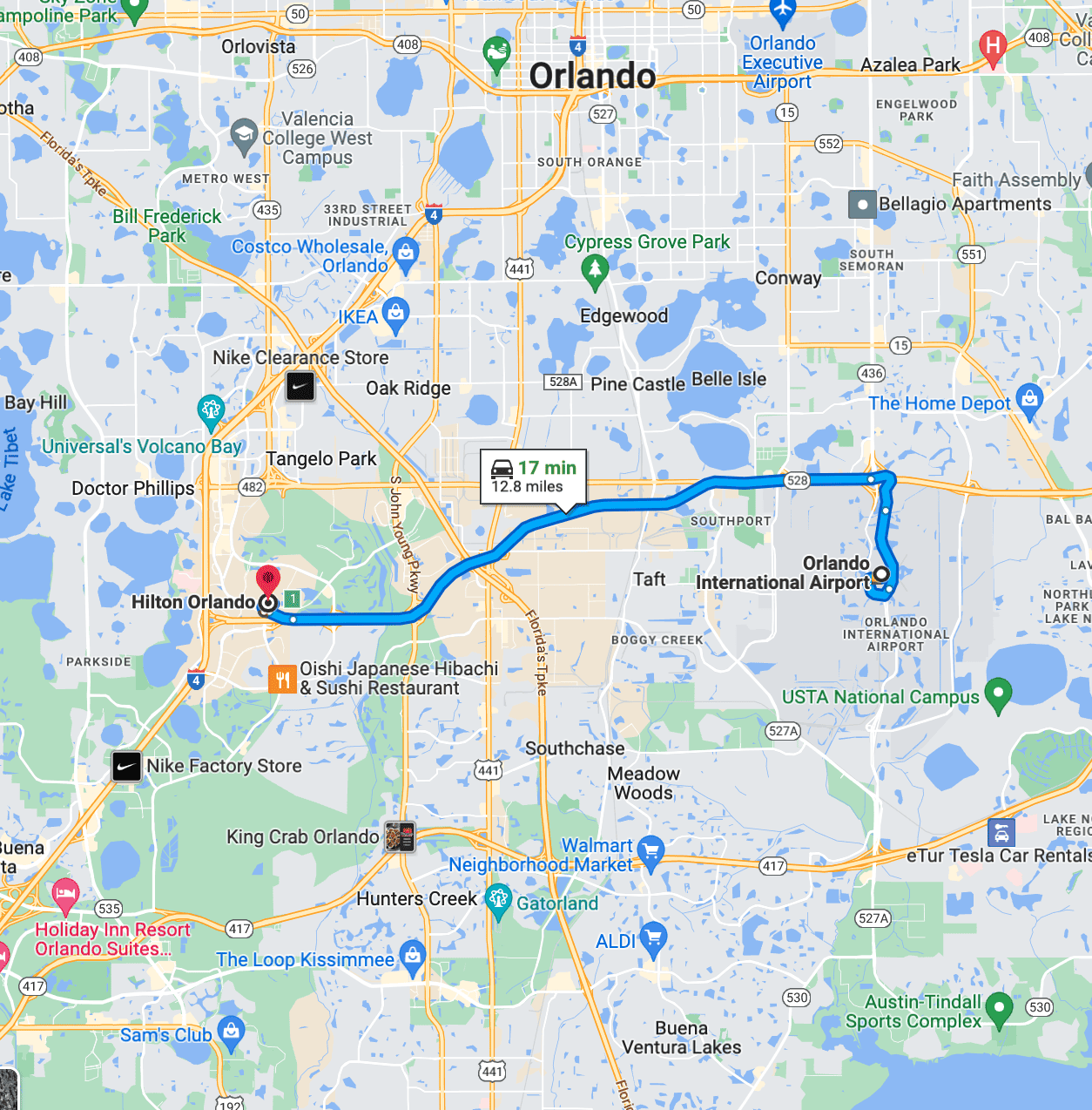Google Maps Hilton Orlando Hotel distance to MCO Airport