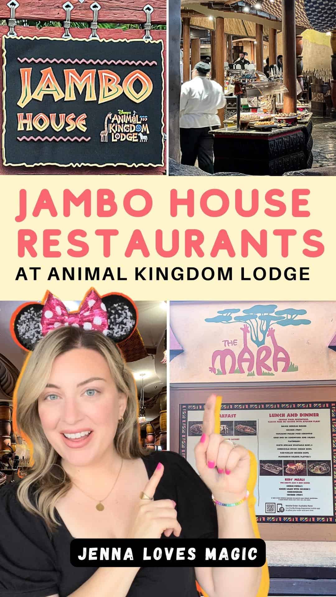 Jambo House Restaurants at Animal Kingdrom Lodge Walt Disney World with text overlay and Jenna Loves Magic logo with Disney Blogger Jenna Passaro