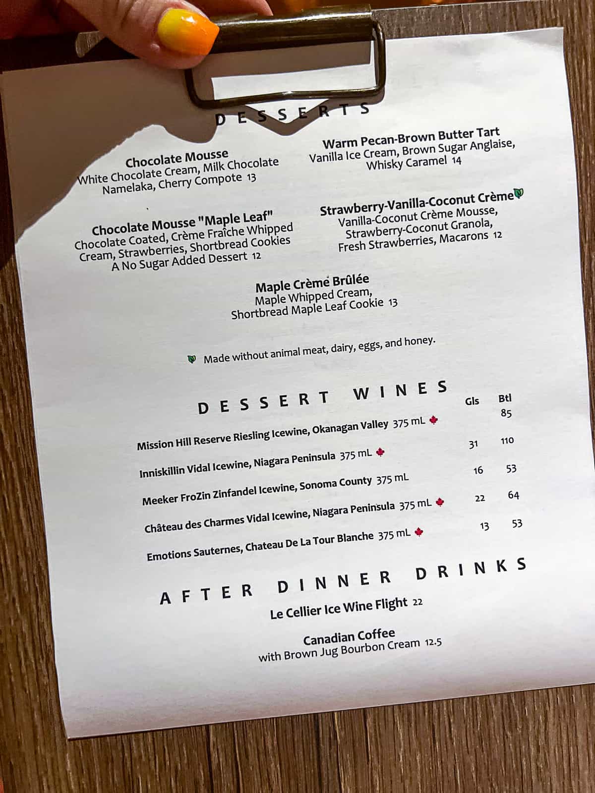 Le Cellier Ice Wine Flight Menu with Desserts in Canada Pavilion at Disney World Epcot