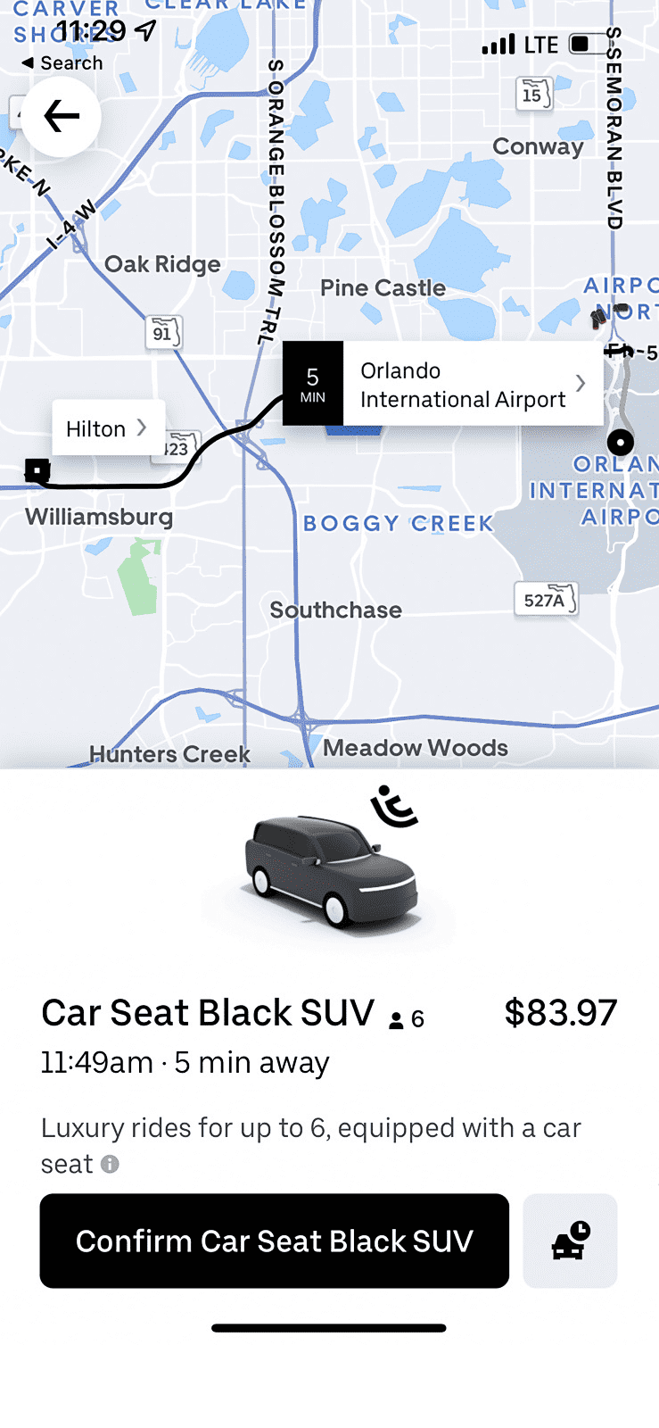 MCO Airport Uber Ride Car Share App F with Uber Price from MCO to Hilton Orlando Hotel