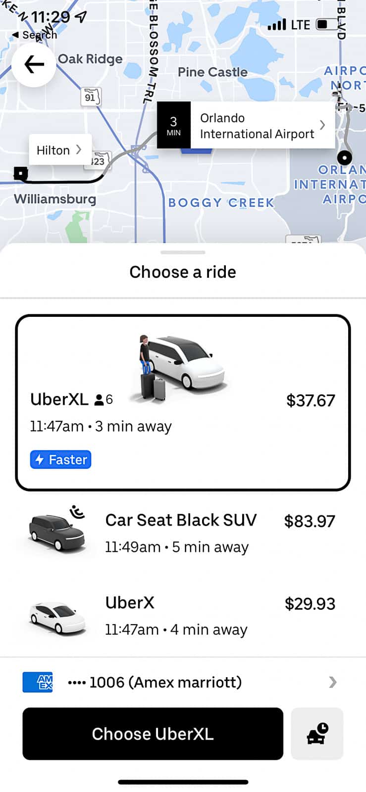 MCO Airport Uber Ride Prices for Uber XL and Uber Black and Uber with a car seat