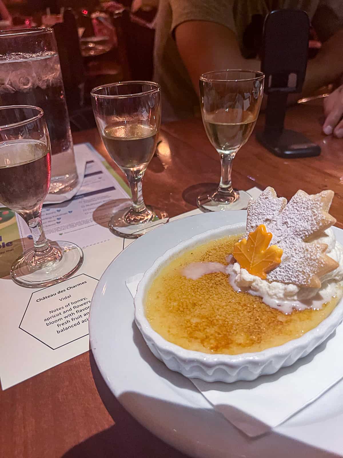 Maple Creme Brulee Dessert at Le Cellier Restaurant in Canada with Ice Wine Flight