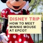 Minnie Mouse EPCOT meet and greet location details at Walt Disney World with text overlay and Jenna Loves Magic logo