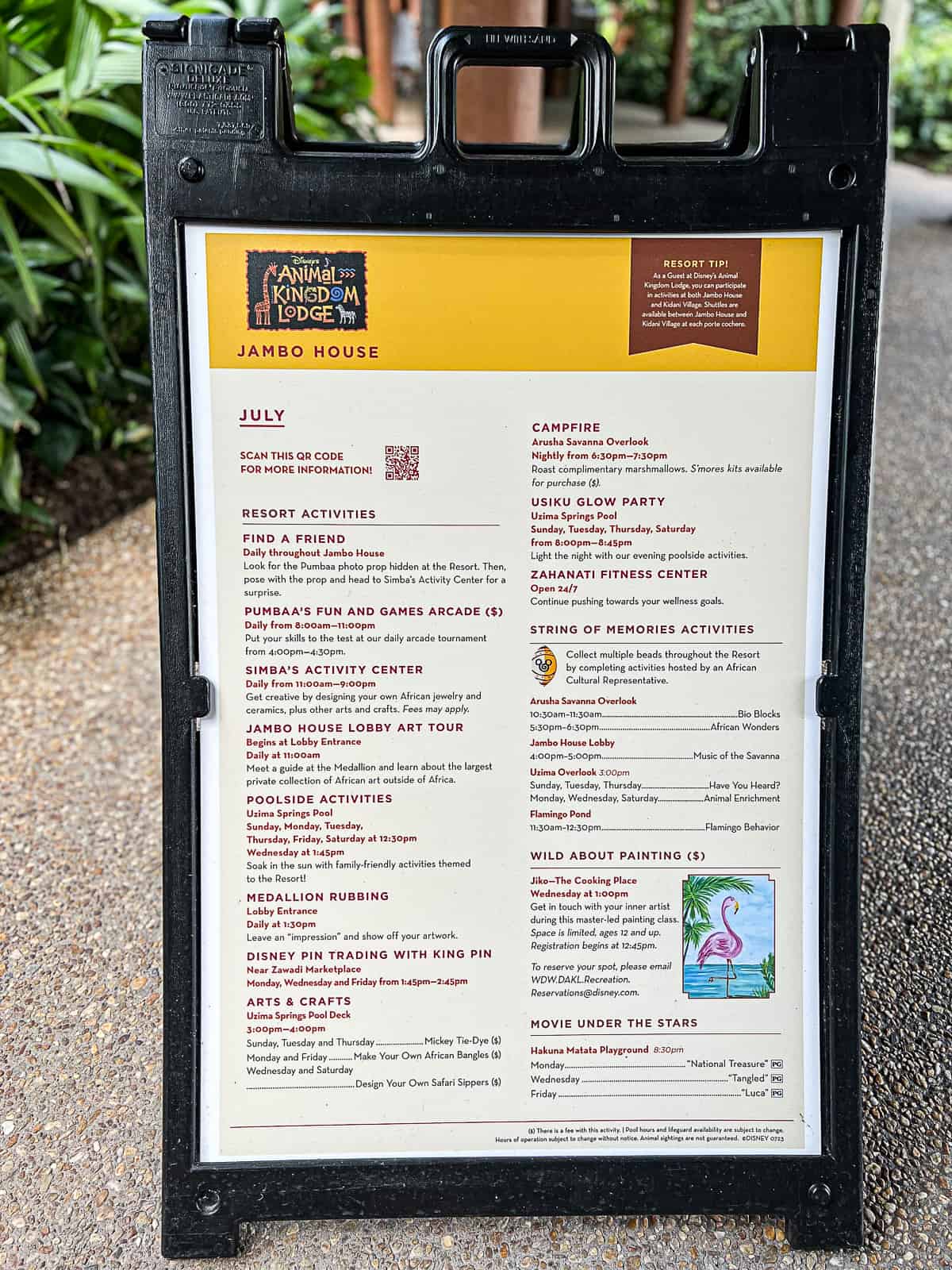 View of Activities List at Animal Kingdom Lodge Disney World
