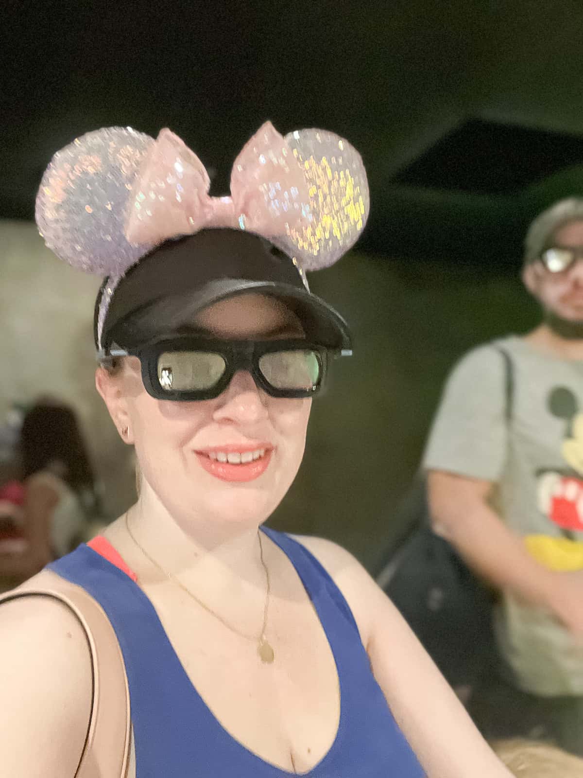 Wearing 3D glasses Travel Blogger at Remys Ratatouille Adventure Ride in Disney World Epcot Park