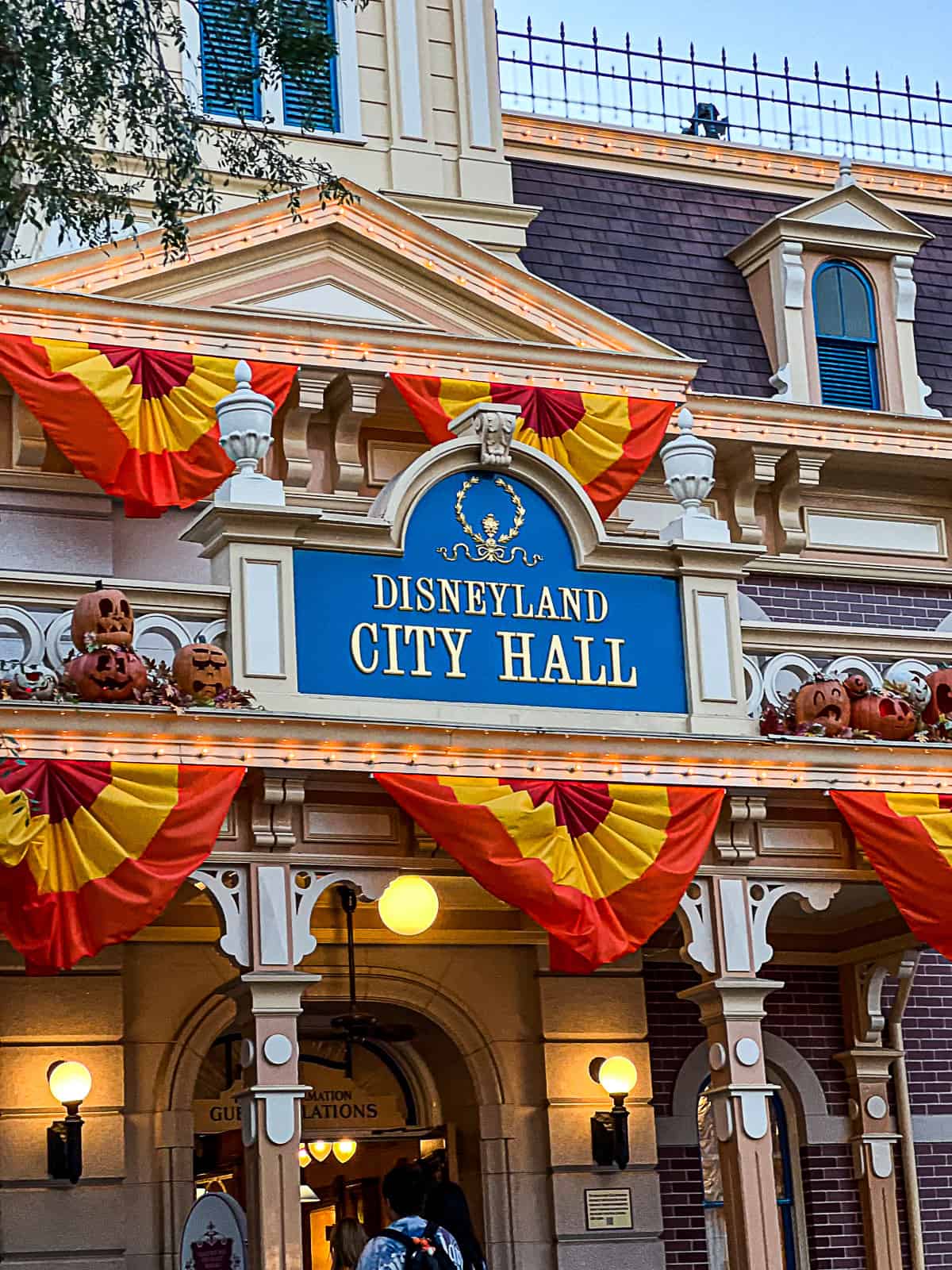 Closeup of Disneyland City Hall Building at the start of Halloween Season 
